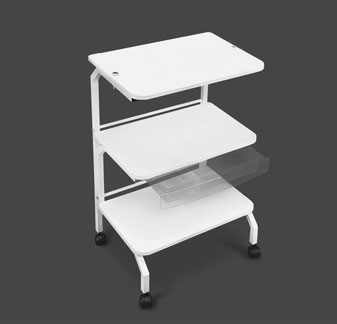 Chariot TX3 avec trois tablettes, roulettes, tiroir et barre d'alimentation